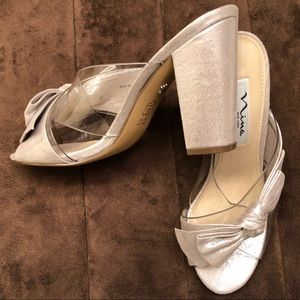 Nina pewter and clear plastic heels